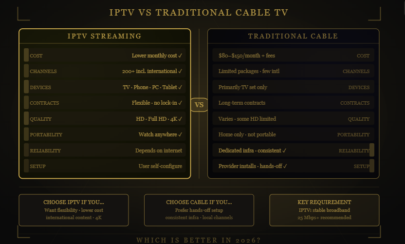 Marinios IPTV IPTV versus cable TV comparison chart highlighting features and benefits.