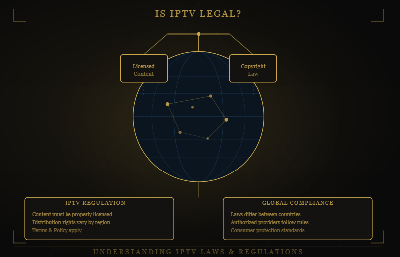 Marinios IPTV IPTV legality infographic explaining licensed content, copyright laws, streaming regulations, legal IPTV services, and consumer compliance requirements.