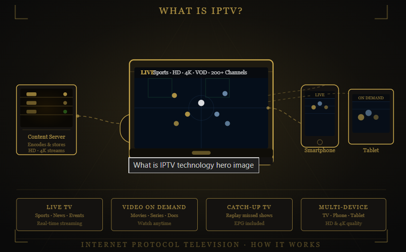 What is Marinios IPTV IPTV infographic showing live TV, VOD, catch-up TV, multi-device streaming, and the key features of internet-based television services.